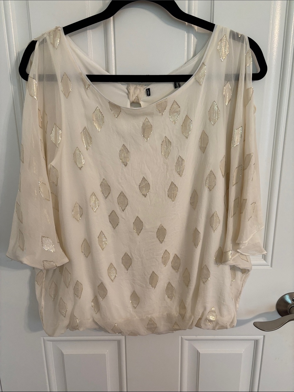 White House Black Market Cream Blouson Top with Metallic Diamond Motif